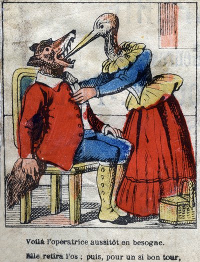 O lobo e a cegonha. Fábulas de Jean de La Fontaine (1621-95). Imagens epinais do final do século XIX. de French School