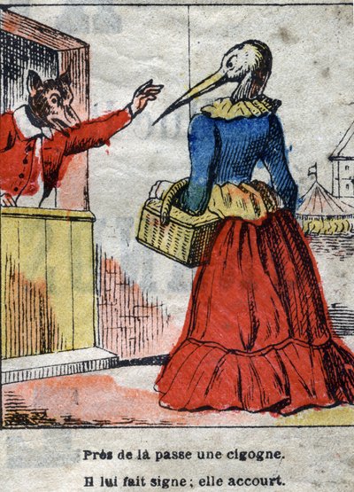 O lobo e a cegonha. Fábulas de Jean de La Fontaine (1621-95). Imagens epinais do final do século XIX. de French School