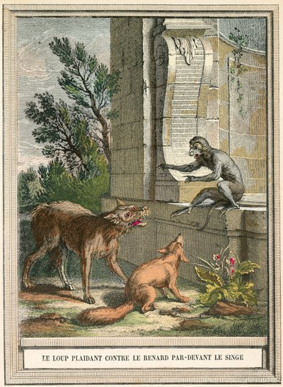 O lobo implorando contra a raposa na frente do macaco de French School
