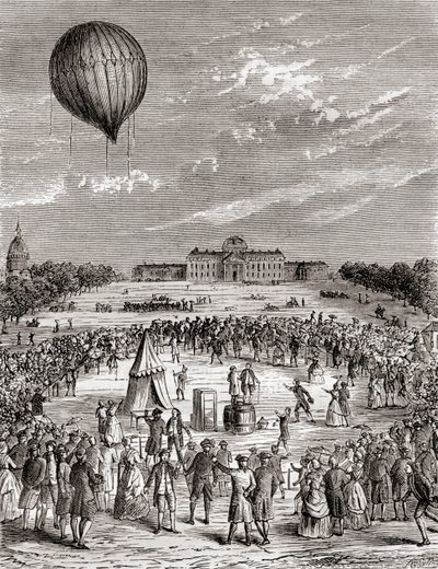 O primeiro balão de hidrogénio do mundo, lançado sobre os Champs de Mars, Paris, França, em 1783, de Les Merveilles de la Science, publicado c.1870 (gravura) de French School
