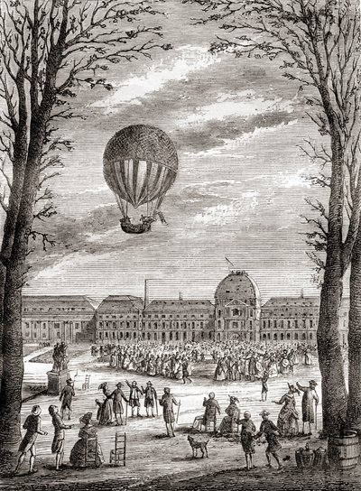 O primeiro voo tripulado de um balão de hidrogénio sobre os Campos de Marte, Paris, França, em 1 de dezembro de 1783, pilotado por Nicolas-Louis Robert e pelo professor Jacques Charles, de Les Merveilles de la Science, publicado por volta de 1870 (gravura) de French School