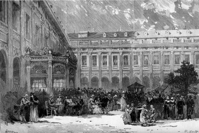 Representação teatral: "Charlotte Corday" de François Ponsard (1814-1867). Cena do Acto 3: Charlotte Corday no jardim do Palácio Real. Paris, Teatro de l