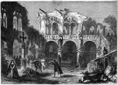 Representação teatral: "Os Funerailles de Honra" (Acto VII, última cena) de Auguste Vacquerie (1819-1895). Paris, Teatro de la Porte Saint Martin de French School