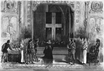 Representação teatral: cena dos caixões em "Lucrece Borgia" de Victor Hugo (1802-1885). Paris, Teatro de la Porte Saint Martin de French School