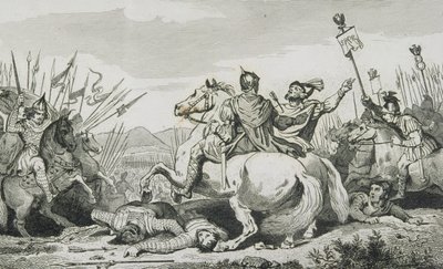 Teodorico é morto em batalha contra Átila, perto de Chalons, de &39;Histoire de France&39; por Colart, publicado em 1840 de French School