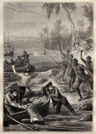 Estes foram fornecidos tão perto A viagem do Capitão James Cook (1728-1779) à Nova Zelândia em 1769 - os naturais da Nova Zelândia atacam a tripulação do Cook na sua aproximação à costa - ilustração retirada de "Os Grandes Marinheiros do Século XVIII" de French School