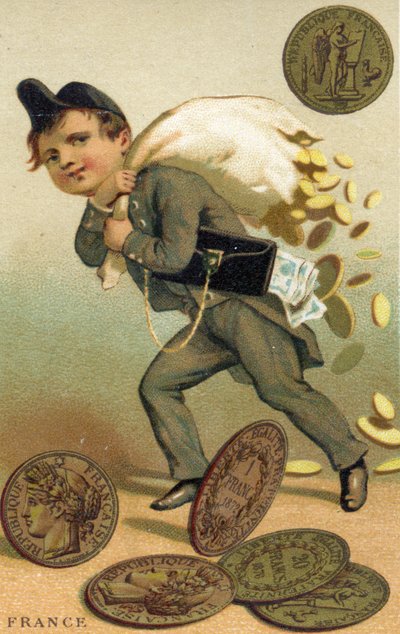 Ladrão escapando com um saco de francos franceses e notas, de uma série de cartões promocionais sobre moedas em diferentes países, publicado em Paris pela Baster & Vieillemard para uso do chocolate de French School