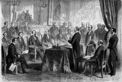 Terceira República: reunião do Conselho de Estado nas Tuileries, na presença de Napoleão III (1808-1873) e do Barão Eugene Georges Haussmann, prefeito de Paris (1809-1891). Gravura no "Le Monde Illustré" n°291 de 8 de Novembro de 1862. de French School