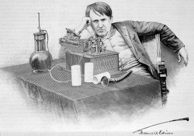 Thomas Edison e seu fonógrafo - em "Le Monde Illustré" de 17/08/1884 de French School