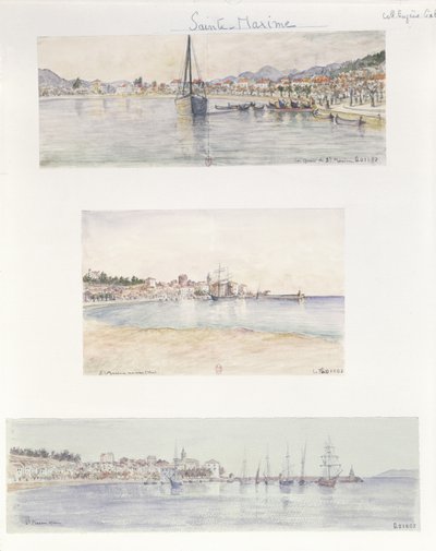 Três vistas de Sainte Maxime (aguarela sobre papel) de French School