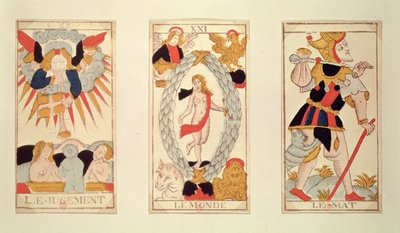 Três cartas de tarô representando o julgamento, o mundo e o tolo (gravura em madeira colorida) de French School