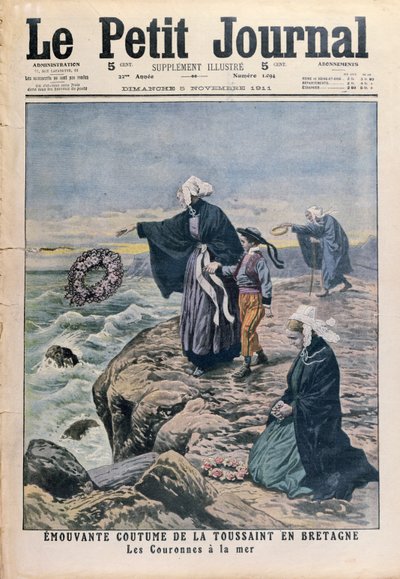 Lançamento de grinaldas no mar no Dia de Todos os Santos na Bretanha, ilustração do Le Petit Journal, 5 de novembro de 1911 de French School