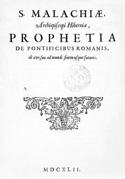 Página de rosto da Profecia dos Papas, publicada em 1662 (impressão tipográfica e gravura) de French School