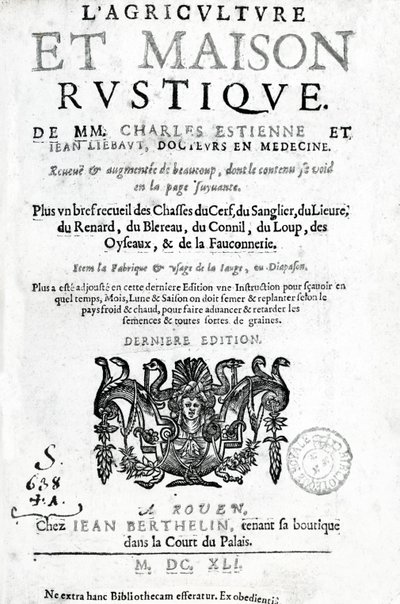 Página de rosto da Agriculture and Rustic House, de Charles Estienne, edição publicada em 1641 (impressão tipográfica e gravura) de French School