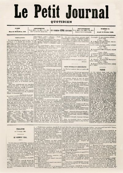 Página de rosto do jornal diário Le Petit Journal, 12 de fevereiro de 1863 (impresso) de French School