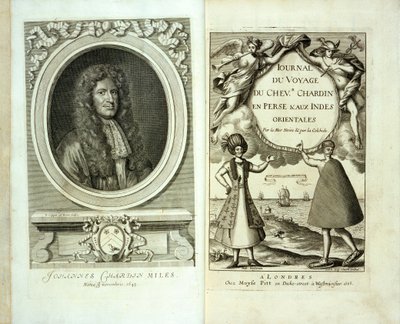 Página de rosto e retrato do frontispício do diário de viagem de Chevalier Chardin na Pérsia e das Índias Orientais por Jean Chevalier Chardin, 1686 de French School