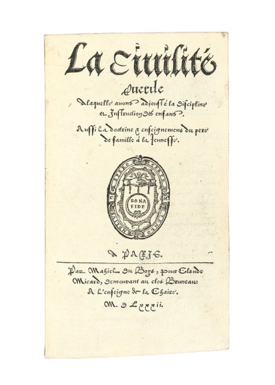 Página de rosto de &39;A civilidade pueril à qual adorávamos a disciplina e a instrução das crianças. Também A doutrina e os ensinamentos do pai de família aos jovens &39;por Desiderius Erasmus de French School