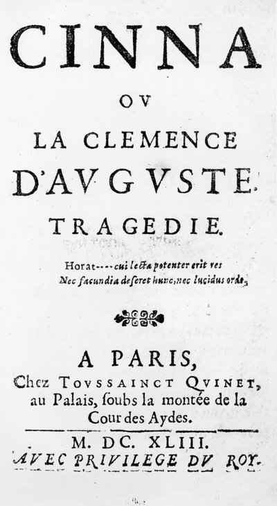 Página de título de Cinna ou o Clemence de Augustus por Pierre Corneille (1606-84) publicado em 1643 de French School