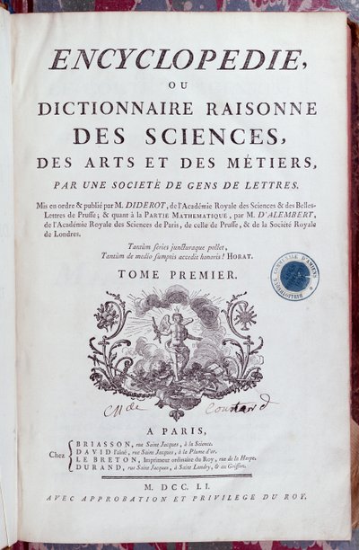 Página de título da Enciclopédia por Denis Diderot (1713-84), publicada em Paris em 1751 (ver também 157777) de French School