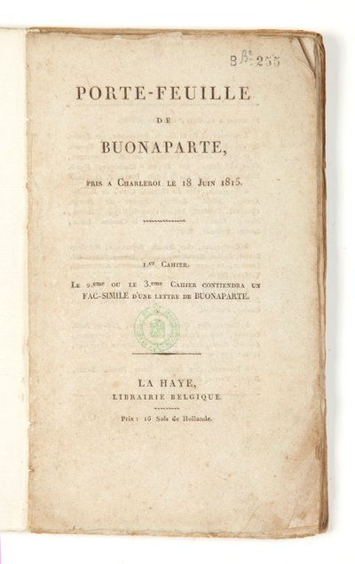 Página de título da "Carteira de Buonaparte tirada em Charleroi em 18 de Junho de 1815". de French School