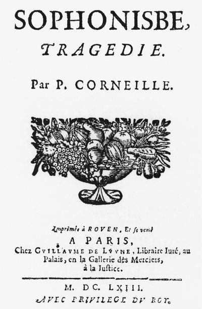 Página de título de Sophonisbe por Pierre Corneille (1606-84) publicado em 1663 de French School