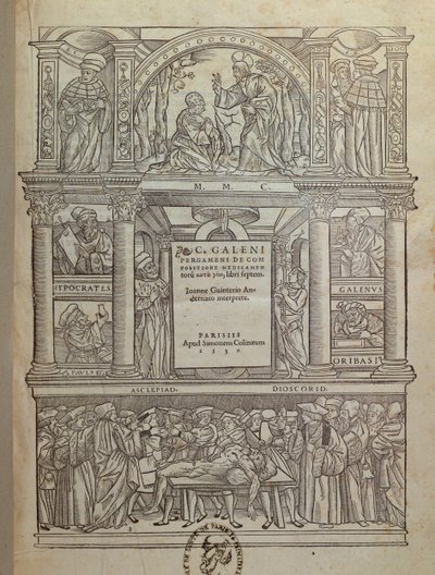 Página de rosto de um livro de Galeno (c.131-c.201), publicado em Paris, 1530 de French School