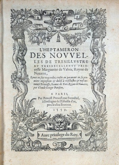 Página de título de "O Heptameron": contos ou notícias de Margarita de Navarra (Marguerite de Valois, Marguerite de Angouleme ou Marguerite de França (1492-1549) Rainha de Navarra e poetisa de French School