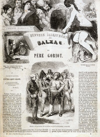 Página de título da edição original do romance de Balzac "O Pai Goriot" em "Obras Ilustradas de Balzac": "Goriot foi presidente da seção durante a revolução" . ¿ de French School