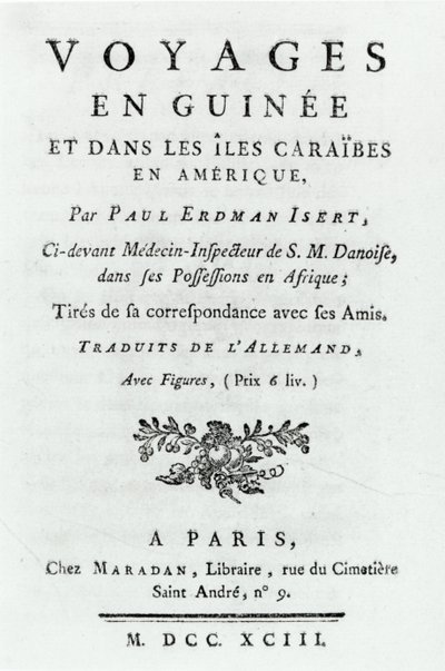 Titlepage for Travels in Guinea and the Caribbean Islands in America por Paul Erdman Isert, publicado em 1743 de French School