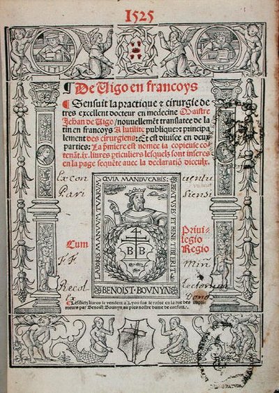 Página de título de um livro sobre cirurgia de Jean de Vigo (1460-1525) 1525 (xilogravura) de French School