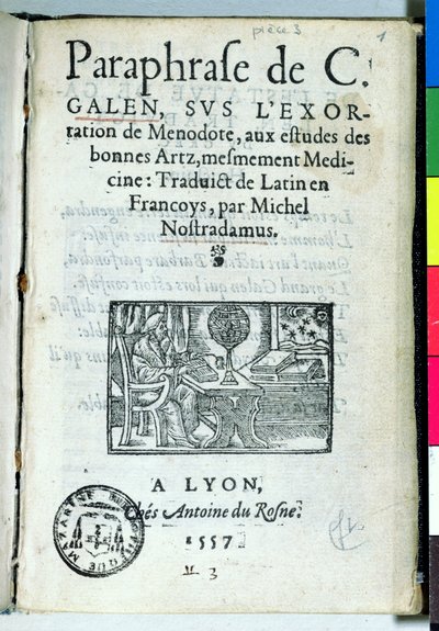 Título da Paráfrase de C. Galien de Michel de Nostradame (Nostradamus) (1503-66) 1557 de French School