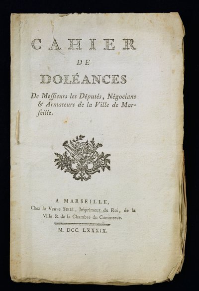 Título do Livro de Reclamações dos Deputados, Comerciantes e Armadores de Marselha, 1789 de French School