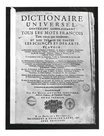 Titlepage do Dictionnaire Universel por Antoine Furetiere (1619-88) 1690 (impressão) de French School