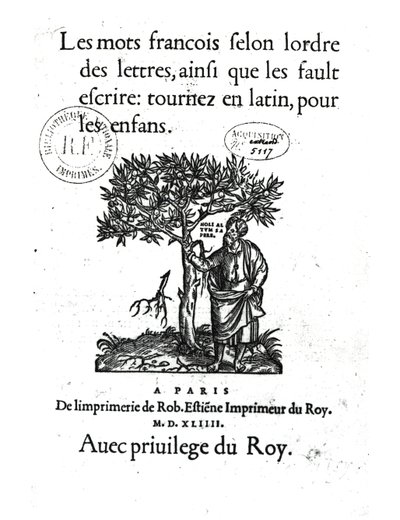 Título do primeiro dicionário francês-latim, 1544 de French School