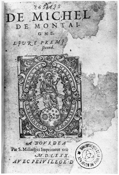 Título da primeira edição de Essais de Michel de Montaigne (1533-92) 1580 de French School