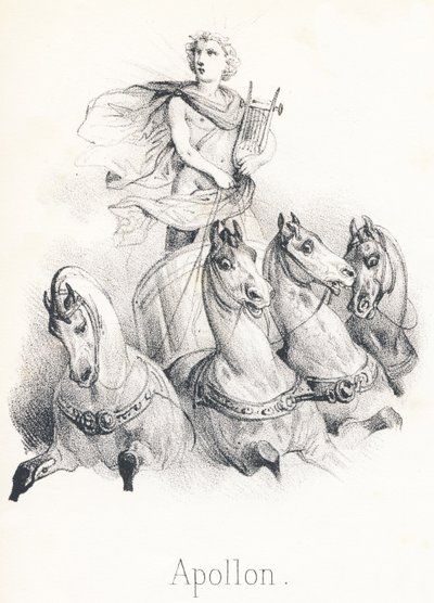 Ao Apollo: Este Deus era o filho de Júpiter e Latona chamado Phebus para o céu quando conduziu a carruagem do sol arrastada por quatro cavalos de French School