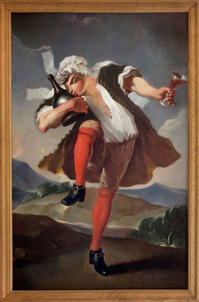 Às três ordens reunidas. Um homem representando o Clerge, o Noblesse e o Terceiro Estado segura um copo de vinho tinto e beija uma garrafa. Sinal pintado de comerciante de vinho. Pintura anónima, período revolucionário. de French School
