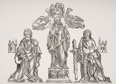 Túmulo Decoração representando Nicholas Flamel (c.1330-c.1418) e sua esposa Pernelle, após decorações no Cemitério dos Inocentes, Paris, de Le Moyen Age et La Renaissance por Paul Lacroix (1806-84) de French School