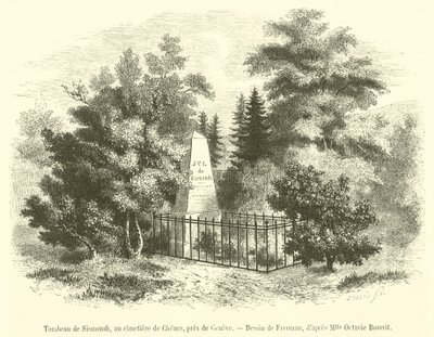 Túmulo de Sismondi, no cemitério de Chenes, perto de Genebra (gravura) de French School