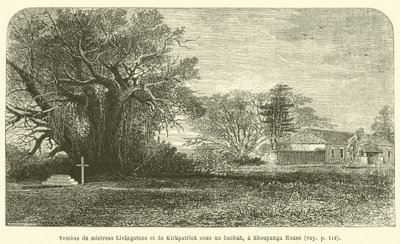 Túmulos de Mistress Livingstone e Kirkpatrick debaixo de uma árvore baobá, uma casa de Shoupanga (gravura) de French School