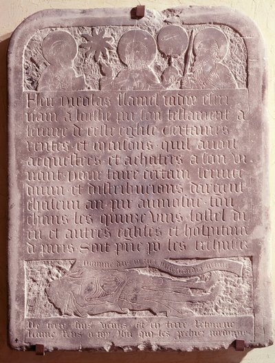 Lápide de Nicolas Flamel, originalmente da Igreja de Saint-Jacques-de-la-Boucherie, 1418 de French School