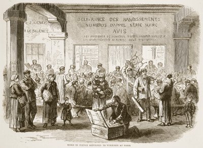 Ferramentas em penhor voltaram aos operários em Paris, ilustração da História de Cassells da Guerra entre a França e a Alemanha, 1870-1871 de French School