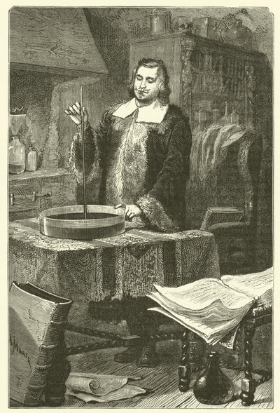 Torricelli inventando o barômetro (gravura) de French School