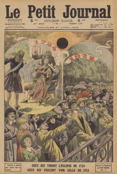 Total de eclipses solares em 1724 e 1912 (cor litho) de French School