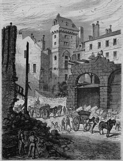 Tour Jean Sans Peur, último vestígio do Hôtel de Bourgogne, durante o piercing da rue Etienne Marcel, Paris. Gravura de French School
