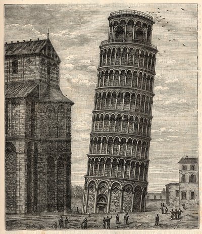 Torre de Pisa - Torre di Pisa - Tour de Pisa - Gravura em "Ciências trazidas à grelha de todos - Física e química popular" por Alexis Clerc - Final do século XIX - Colecção privada de French School