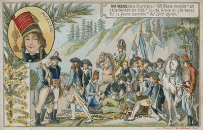 Cartão de comércio com uma imagem representando a morte do general francês Marceau-Desgraviers de French School