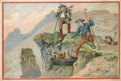 Cartão de comércio com uma imagem de homens roubando ovos de águia de French School