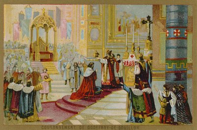 Cartão de comércio com uma imagem da coroação de Godefroy de Bouillon de French School