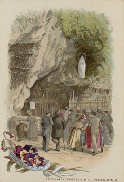 Cartão de comércio com uma imagem da gruta em Lourdes de French School